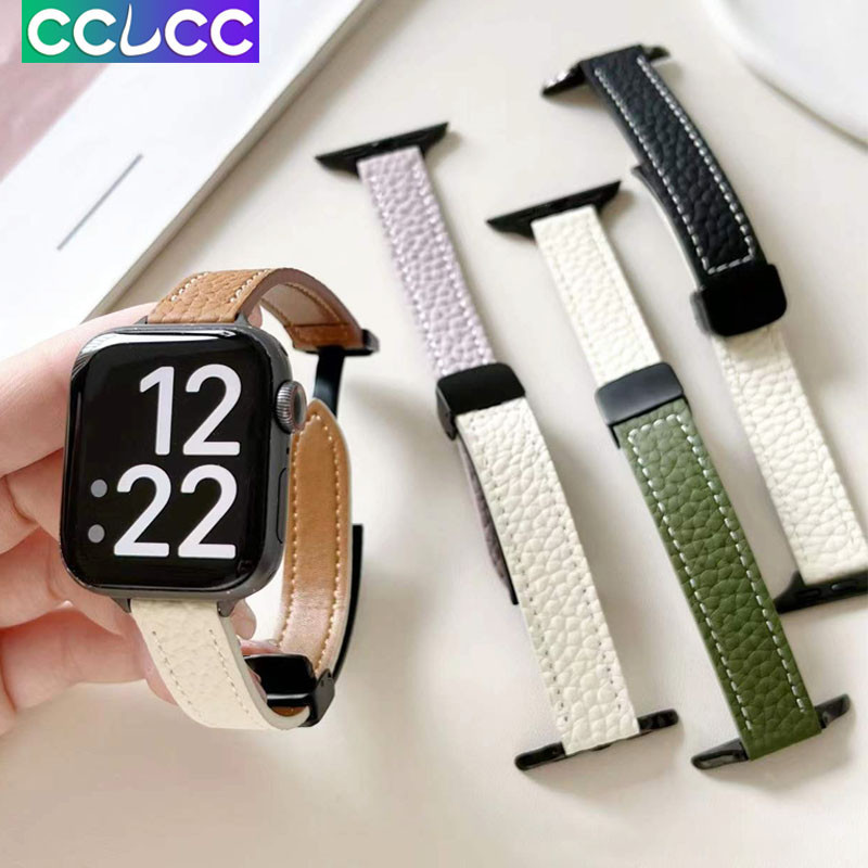 Cclcc สายนาฬิกาข้อมือหนัง แบบแม่เหล็ก สองสี สําหรับ iWatch Ultra SE Series 9 8 7 6 5 4 3 2 1 Apple Smart Watch 49 มม. 45 มม. 41 มม. 44 มม. 40 มม. 42 มม. 38 มม.
