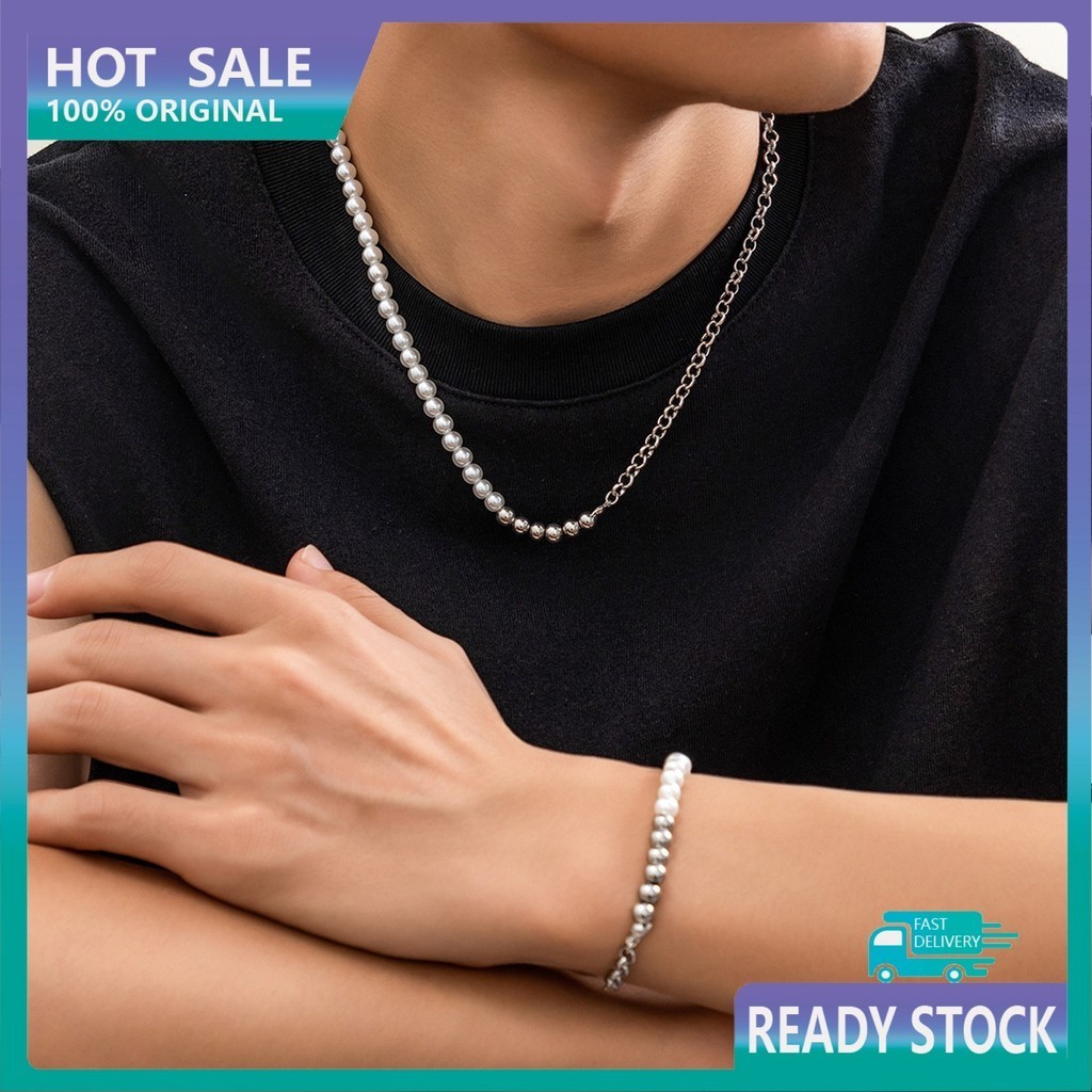 TRC 1 ชุดผู้ชายสร้อยคอสร้อยข้อมือชุด Faux Pearl ลูกปัด Patchwork Smooth Hollow Chain ปรับน้ําหนักเบา
