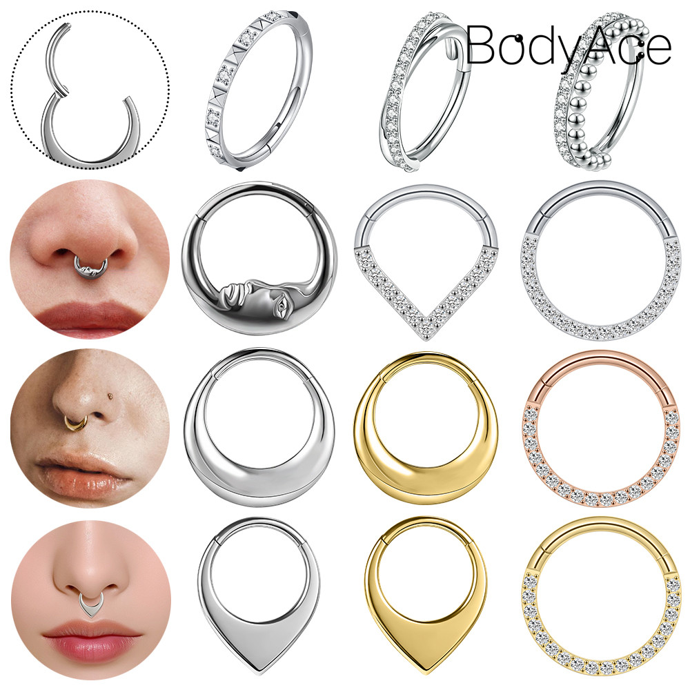 Bodyace 1PC สแตนเลสสตีลจมูกเจาะ 16G Rose Gold Silver คริสตัล Septum Hoop แหวน 8/10 มม.หูกระดูกอ่อน Helix Daith เจาะแฟชั่นเครื่องประดับ