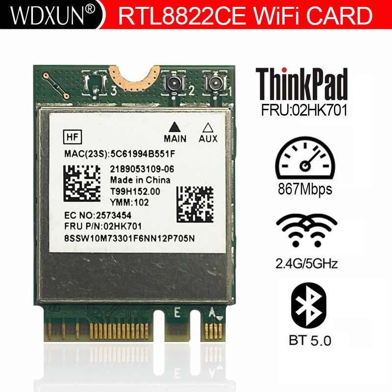 Rtl8822ce 8822CE 802.11AC ไร้สาย WiFi 867Mbps บลูทูธ 5.0 NGFF FRU 02HK701 การ์ดเครือข่ายสําหรับ Leno
