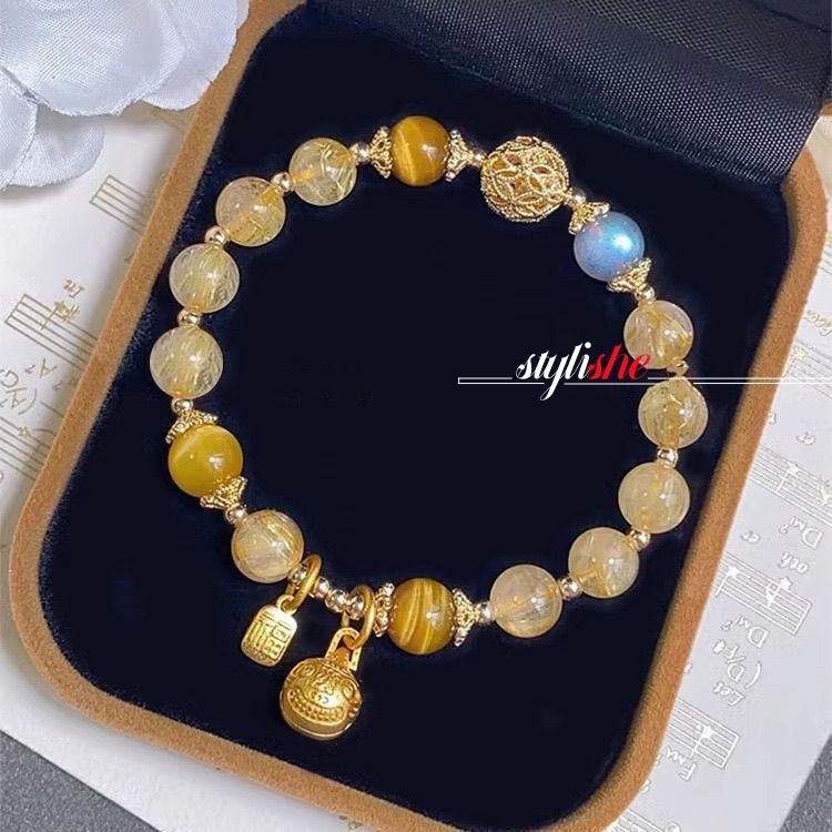สร ้ อยข ้ อมือลูกปัดสําหรับผู ้ หญิงเลียนแบบtopaz/คริสตัลสีเหลือง 8 มม.สร ้ อยข ้ อมือลูกปัดแฟชั ่ นจีนเครื ่ องประดับมือโชคดี