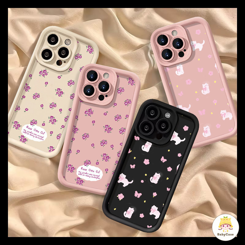 ลูกแมวน่ารัก ดอกไม้โรแมนติกกรณีอ่อนนุ่ม iPhone 13 11 12 15 14 7Plus Pro Max X XR XS Max 6s 8 6 14 15 Plus