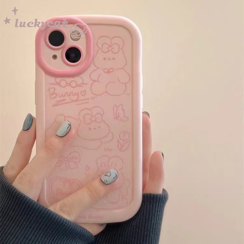 IPhone 16 15 14 13 12 11 Pro Max X Xr Xs Max 7 8 Plusเคสโทรศัพท์น่ารักเรียบง่ายการ์ตูนกระต่ายสีชมพูปกอ่อน