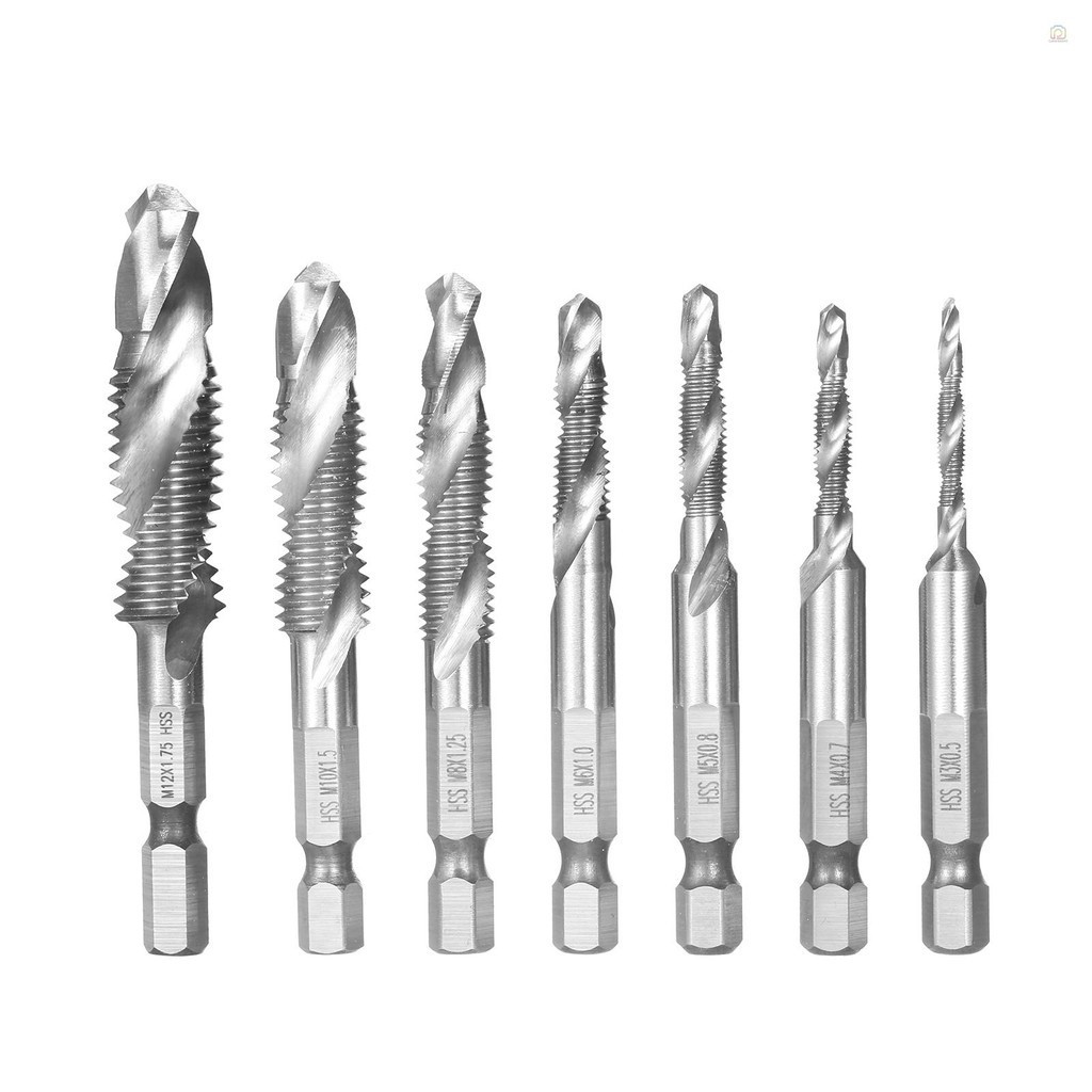 7 ชิ ้ นผสมเจาะและชุดแตะเมตริกด ้ าย HSS M3-M12 สกรูแตะบิตเครื ่ องมือ Quick Change 1/4in Hex Shank