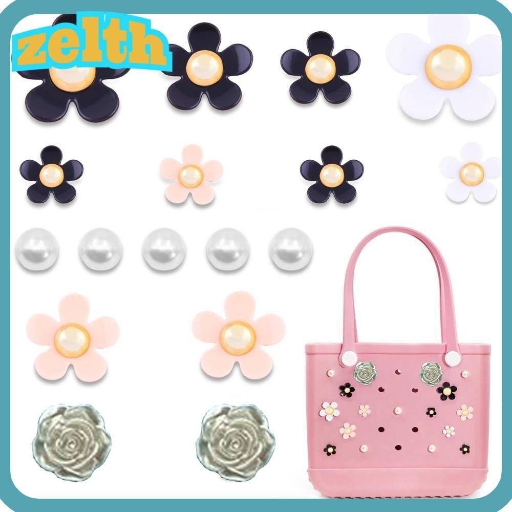 Zelth 24PCS กระเป๋าชายหาดอุปกรณ์เสริม Charms, กระเป๋าถือ DIY Charms สําหรับ Bogg กระเป๋า,ร้อนที่มีสีสันยางกระเป๋าชายหาดดอกไม้และไข่มุก Beach Totes ตกแต่งสําหรับ Bogg กระเป๋าผู้หญิง
