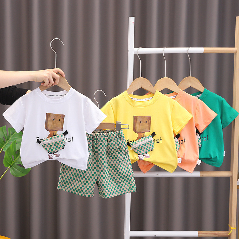 ฤดูร้อนเด็กเสื้อผ้าชุดเด็กแข็งแขนสั้นเสื้อยืด + กางเกงขาสั้น2ชิ้นสูทสําหรับเด็กผู้ชายผ้าฝ้ายเสื้อผ้าชุดกีฬา
