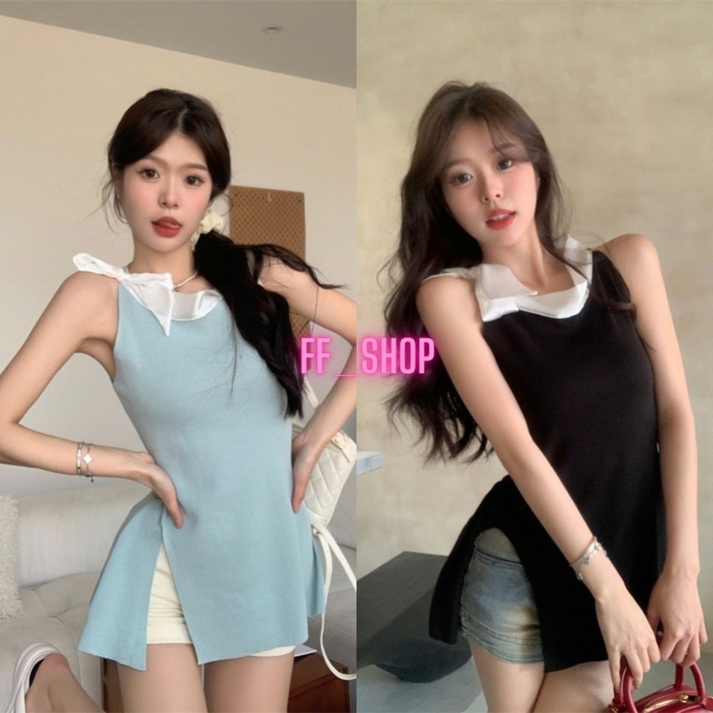 🛒FF.shop🛒เสื้อไหมพรมแต่งริ๊บบิ๊นผูกคอ แขนกุด ผ่าข้าง #B38