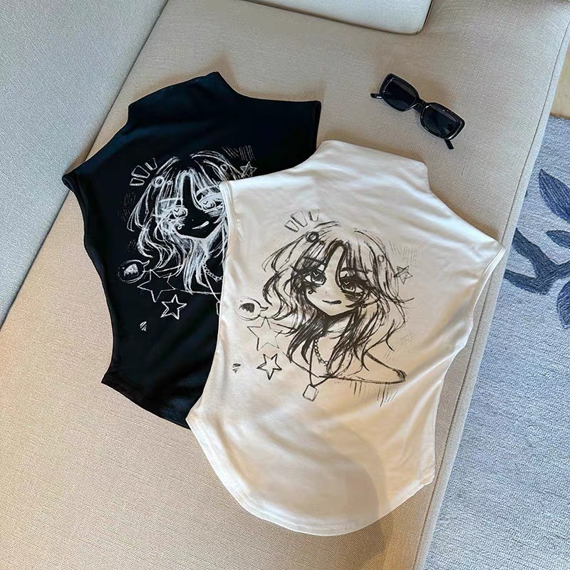 สาวเสื้อยืดแขนกุดฤดูร้อนเด็กสาวสวยครึ่งคอเต่าด้านบนแฟชั่นเกาหลีสาวเสื้อผ้า