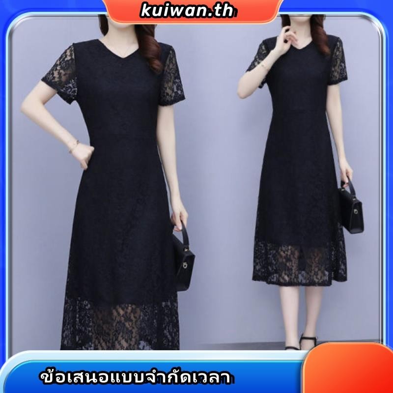 ชุดเดรสกระโปรง ความยาวปานกลาง แขนสั้น ปักลายลูกไม้ พลัสไซซ์ สีดํา สไตล์เกาหลี สําหรับสตรี Y5YD - รูปที่ 2