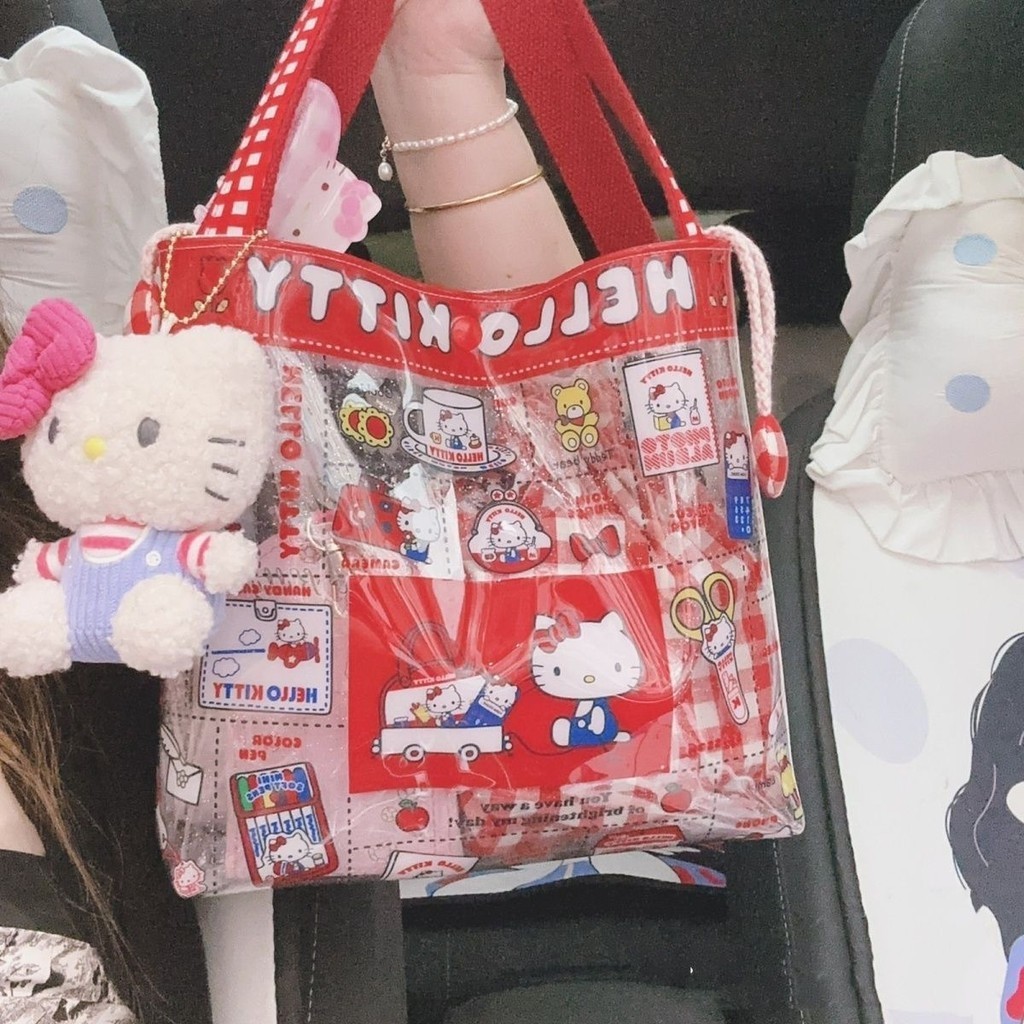 กระเป๋าถือ Hello Kitty น่ารัก KT อเนกประสงค์ความจุขนาดใหญ่ PVC กระเป๋าสะพายกันน้ําสาวพิมพ์กระเป๋ามือ