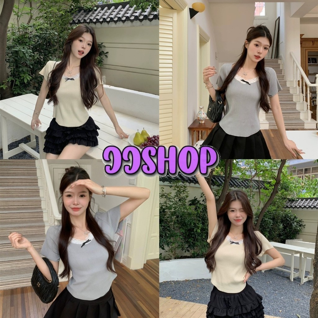 JJ Shop​ ​พร้อมส่ง เสื้อยืดไหมพรม แขนสั้น เกาหลี คอกลม ดีเทลผ้าร่อง ขอบลูกไม้ "M7305"