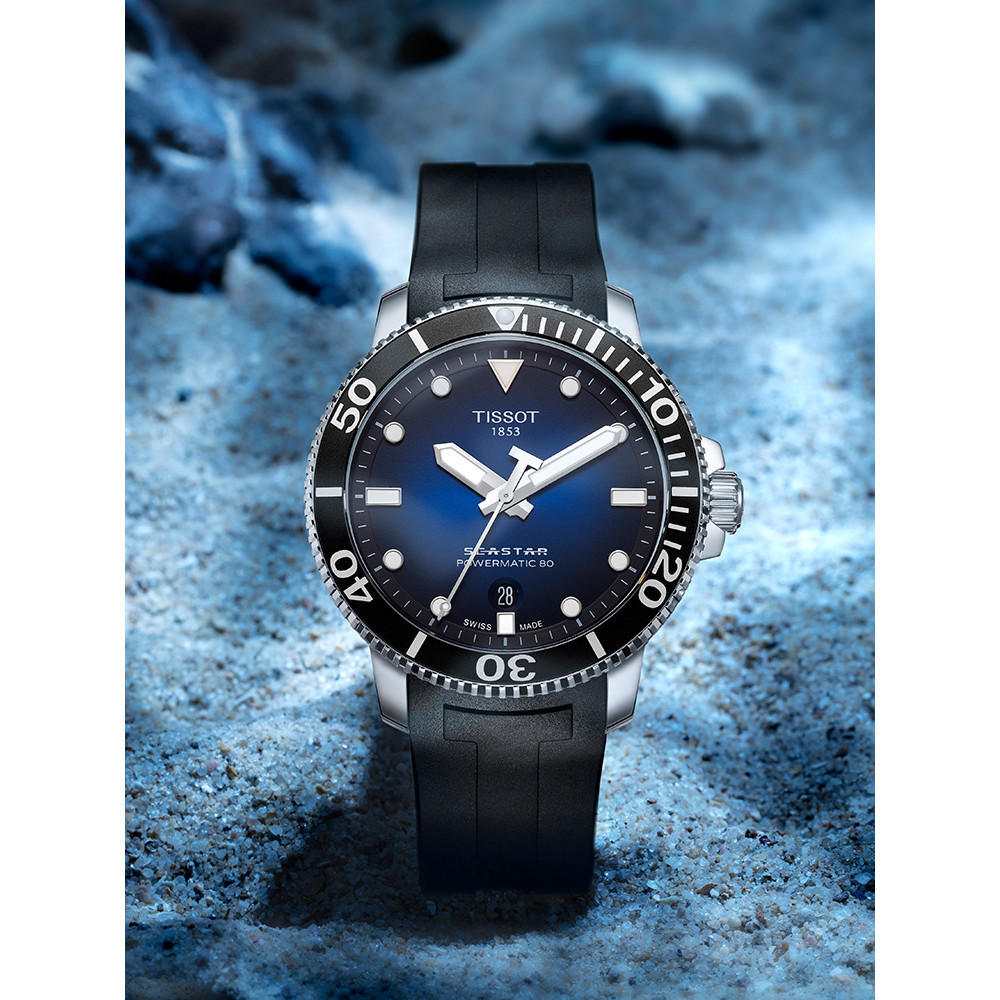 Tissot Tissot Starfish Series Mechanical Diving Men 's Watch Blue Dial Black Disc Rubber Strap ที ่ ได ้ รับอนุญาต