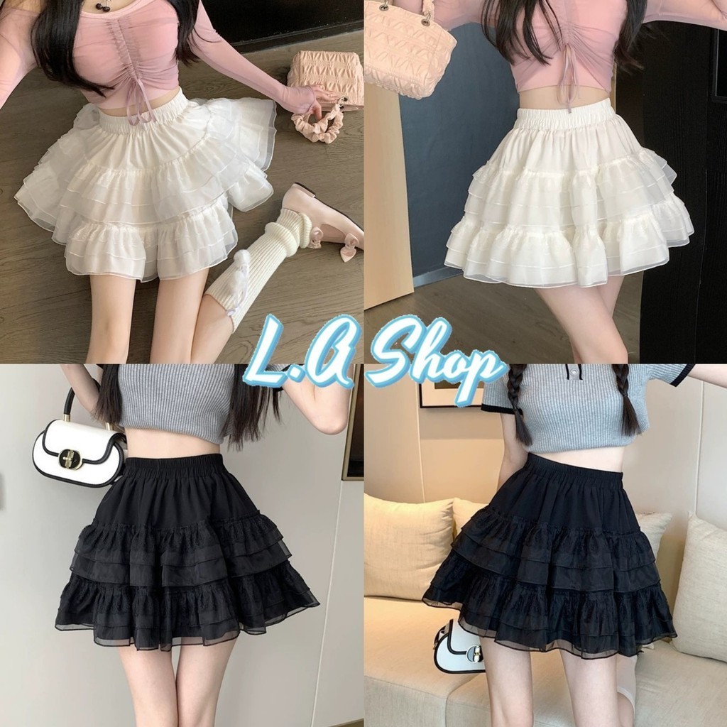 L.A Shop พร้อมส่ง กระโรงทรงเจ้ากญิง เอวสม๊อค ปลายบาน ดีดทลลวยลายเล็กๆ สีพื้น "18CX80"