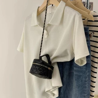 ส่งจากกรุงเทพฯ Solovely M-2XL เสอื้ผา้ผหู้ญง สไตล์เกาหลี ผ้าวาฟเฟิล เสอ ธรรมดา แขนสั้น เสื้อยืด หลวม เสื้อโปโล
