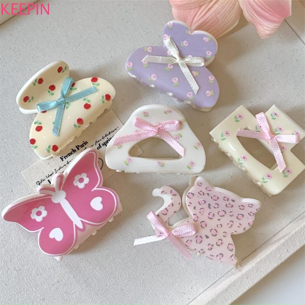 Keepin Bowknot Hair Claw, คลิปกรงเล็บแมวดอกไม้พลาสติก, แฟชั่น Y2k Ribbon Hollow Bow Shark Clip ทุกวัน