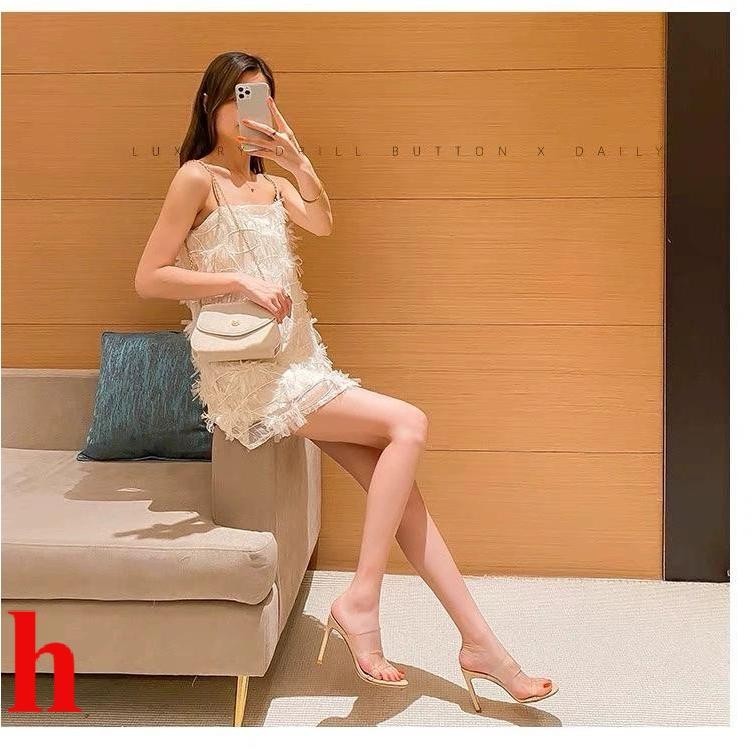 One-word Strap รองเท้าแตะโปร่งใสผู้หญิง 2024 สไตล์ใหม่ฤดูร้อนรองเท้าส้นสูงสีขาว Stiletto Heel Fairy สไตล์ Nude รองเท้าแตะรองเท้าแตะ