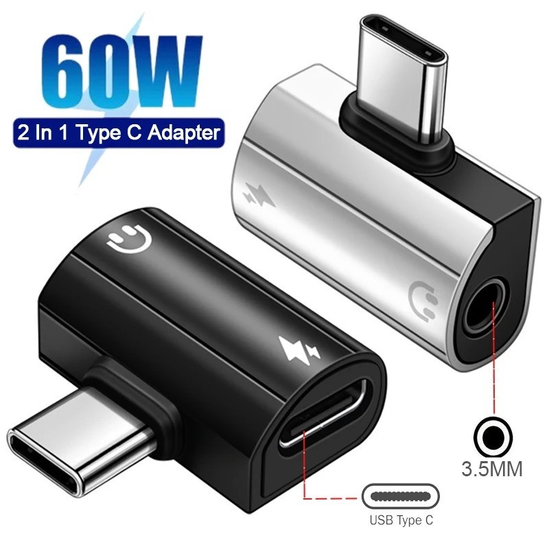 อะแดปเตอร์ Type C 2 in 1 - ตัวแปลงเสียง USB C PD 60W - อะแดปเตอร์ชาร์จเร็ว OTG - แจ็ค AUX Audio 3.5 มม. อะแดปเตอร์อินเทอร์เฟซหูฟัง