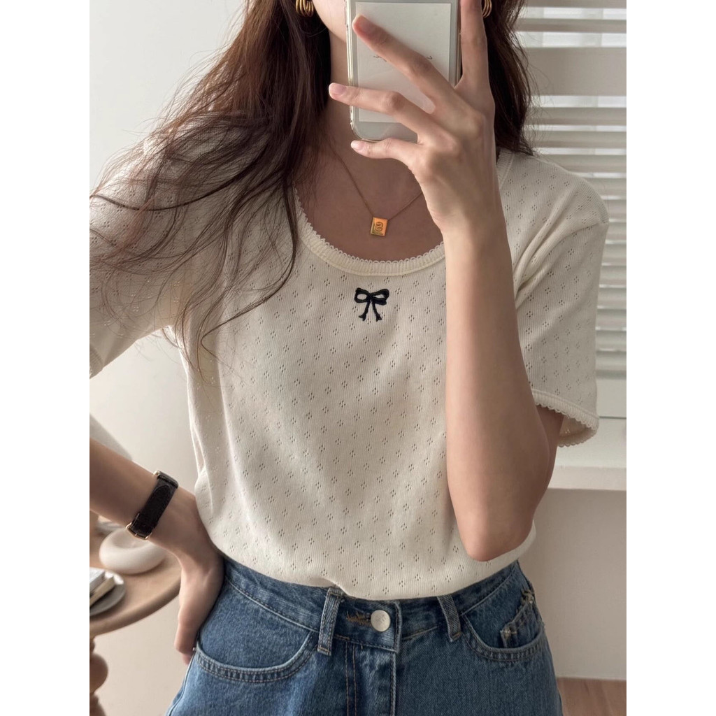 Gakki เสื้อยืดแขนสั้นปักลูกไม้โบว์กลวงผู้หญิงถัก พร้อมส่ง 2137#