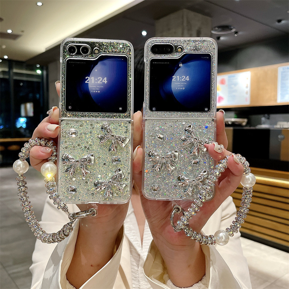 SAMSUNG หรูหราglitter EpoxyสําหรับSamsung Galaxy Z Flip 4 Flip 3 Z Flip 5 5GปลอกกันกระแทกInsเกาหลี 3Dน่ารักโบว์ฝาครอบโทรศัพท์กลับ
