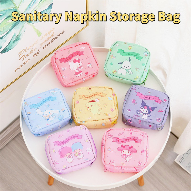 การ์ตูน Sanrio Hello Kitty ผ้าอนามัย Pad กระเป๋าเก็บอุปกรณ์อาบน้ําเครื่องสําอางแต่งหน้า Travel Organizer My Melody Cinnamoroll กระเป๋าเหรียญ
