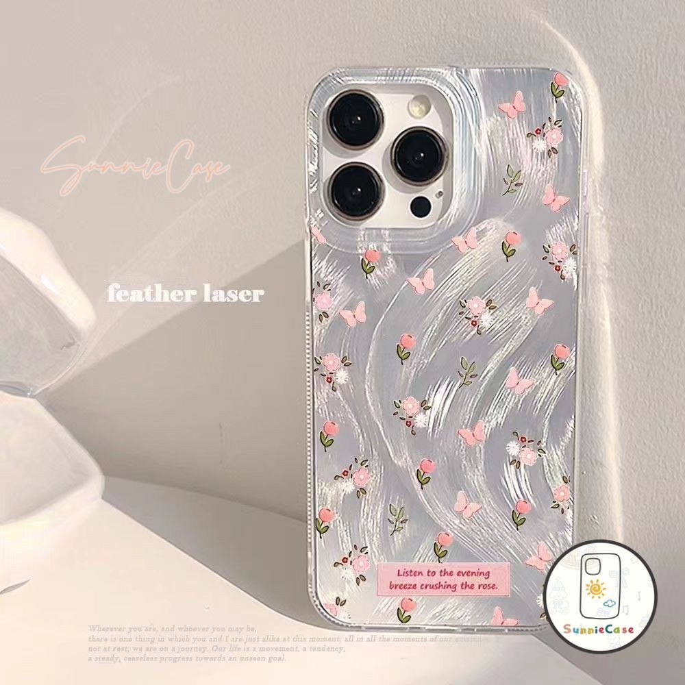 ความโรแมนติกผีเสื้อดอกไม้เล็ก ๆ แฟชั่นความรัก เวอร์ขนนกเลเซอร์แขนนุ่ม iPhone XR 7 8 Plus 15 13 11 14 12 Pro Max X XS Max