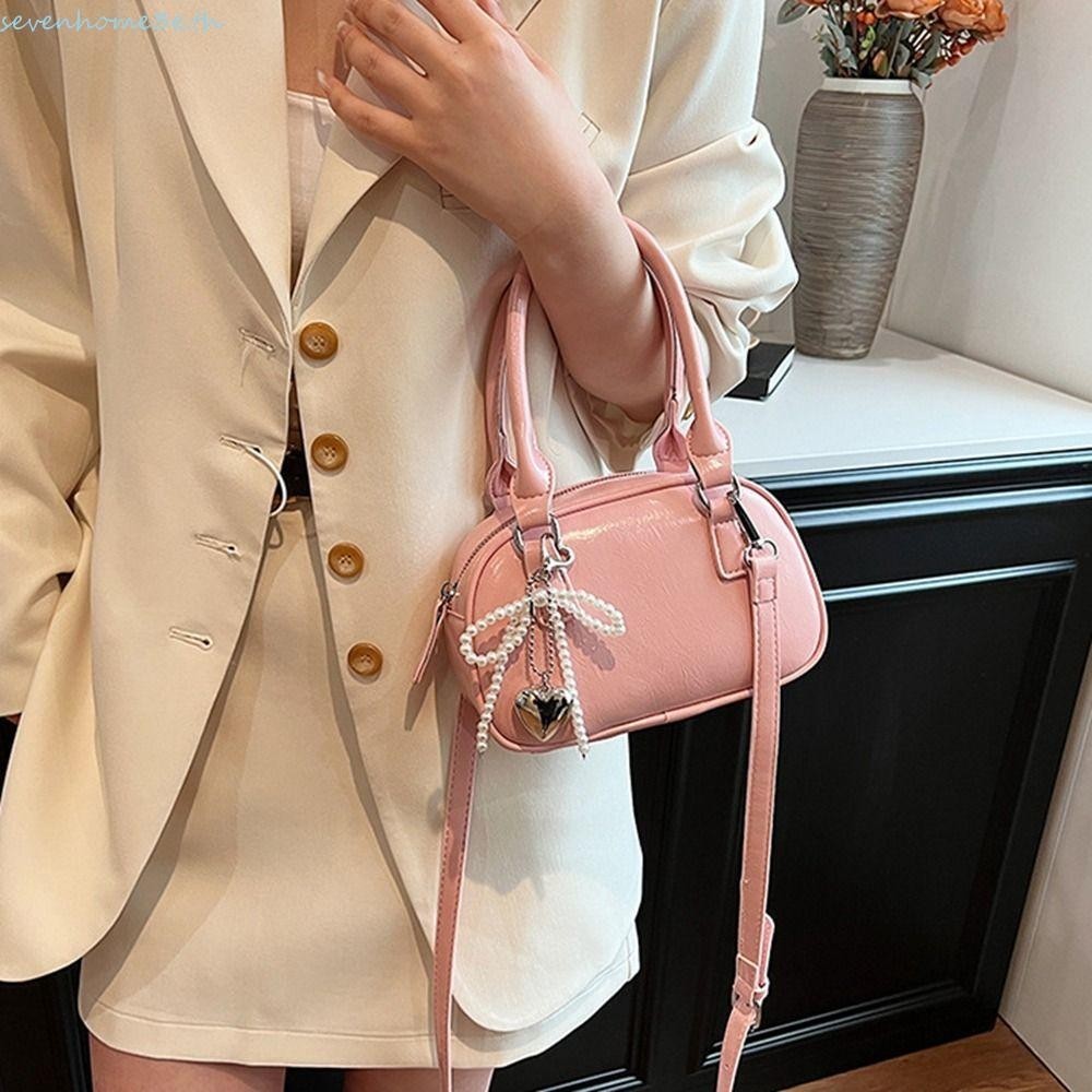 Sevenhome3e PU Bowling Bag, PU กระเป ๋ าสะพายหนัง PU กระเป ๋ าถือเงินแฟชั ่ นจี ้ สีทึบสไตล ์ เกาหลีบอสตันกระเป ๋ าเดินทาง