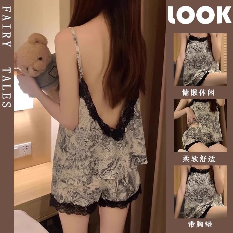 ฤดูร้อนใหม่เบาะชุดนอนสตรี เทนเซล สลิงหวานลูกไม้เซ็กซี่สวมใส่ชุดสูท