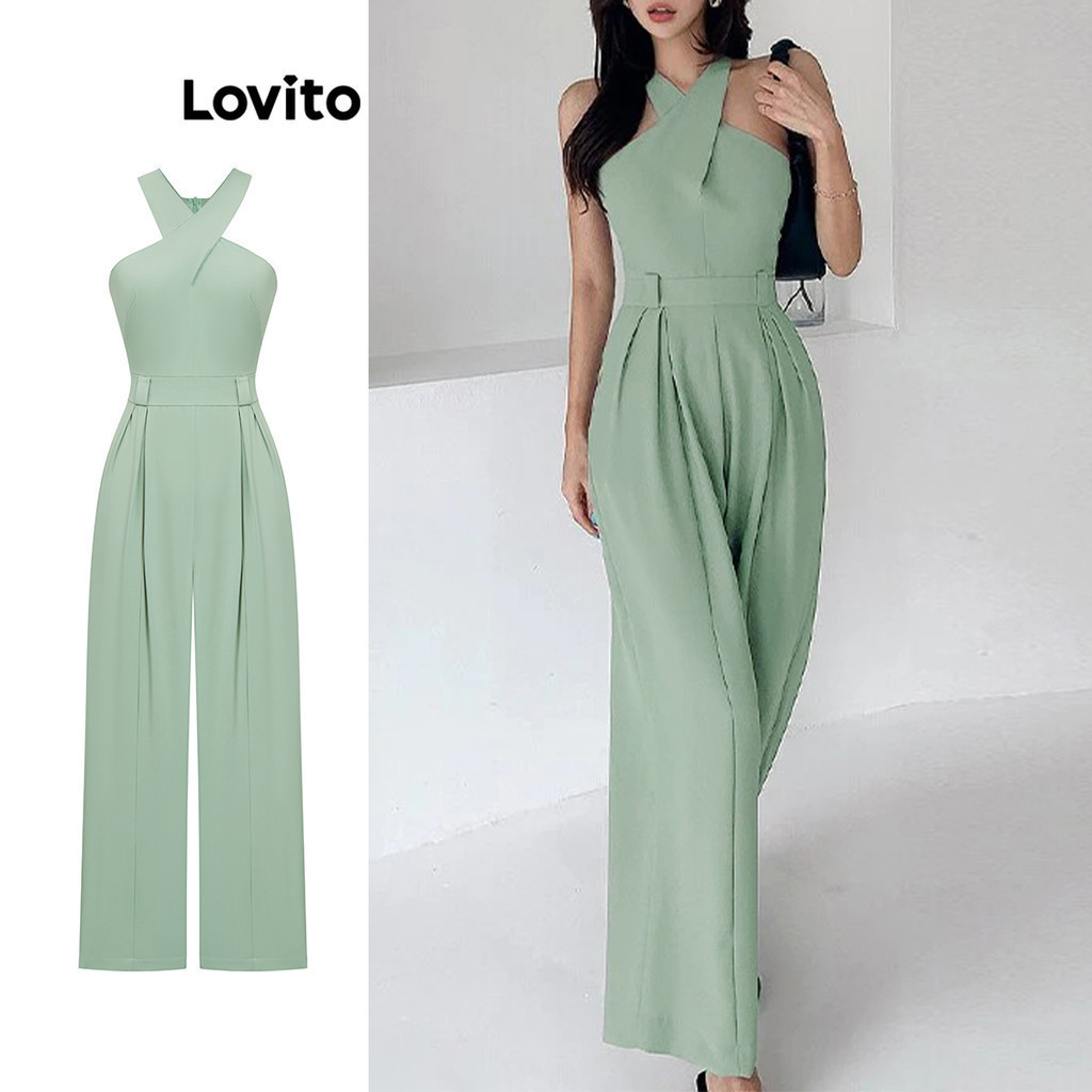 Lovito จั๊มสูทผู้หญิง สายไขว้ แต่งจีบ สีพื้น สไตล์หรูหรา L80ED471