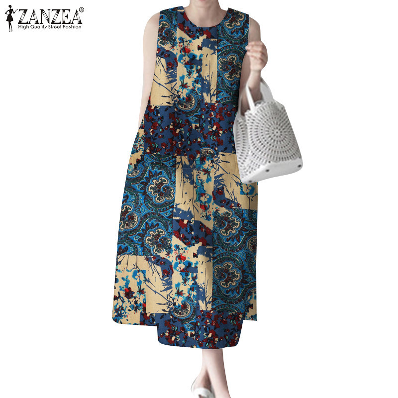 ZANZEA ซานเซีย ผู้หญิงเกาหลีคอลูกเรือพิมพ์แขนกุดกระเป๋าซิปเดรส