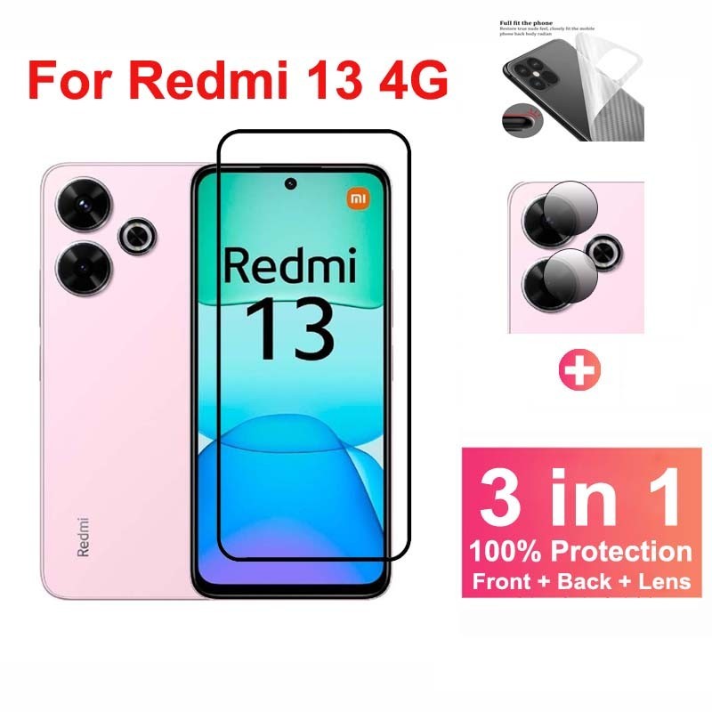 3 in 1 ฟิล์มกระจก สำหรับ Xiaomi Redmi 13 4G ปกเต็ม กระจกนิรภัยป้องกันหน้าจอ สำหรับ Xiaomi Redmi 13 13C 12C 4G 5G ร้อมตัวป้องกันเลนส์กล้อง