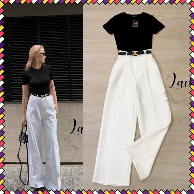 Laila S-XL ชุดเซ็ทสไตล์ Old Money เสื้อยืดสีดำกับกางเกงขายาวสีครีม พร้อมเข็มขัดเข้าชุด