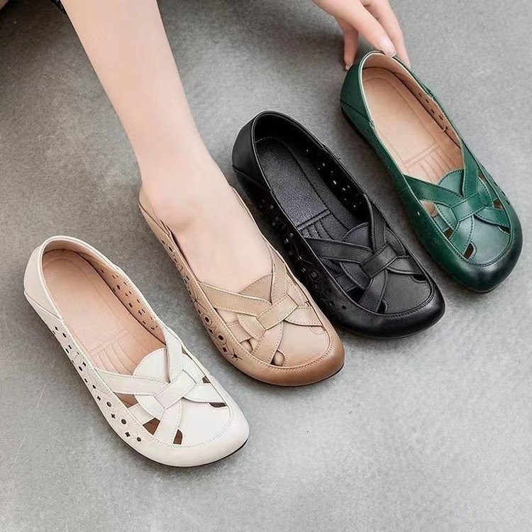 Square Heel Middle Mouth Single Shoes TPR (Bef Tendon) Trimming Round Toe Low-Top Shoes Slip-On Hollow PU Low Heel (1-3cm)