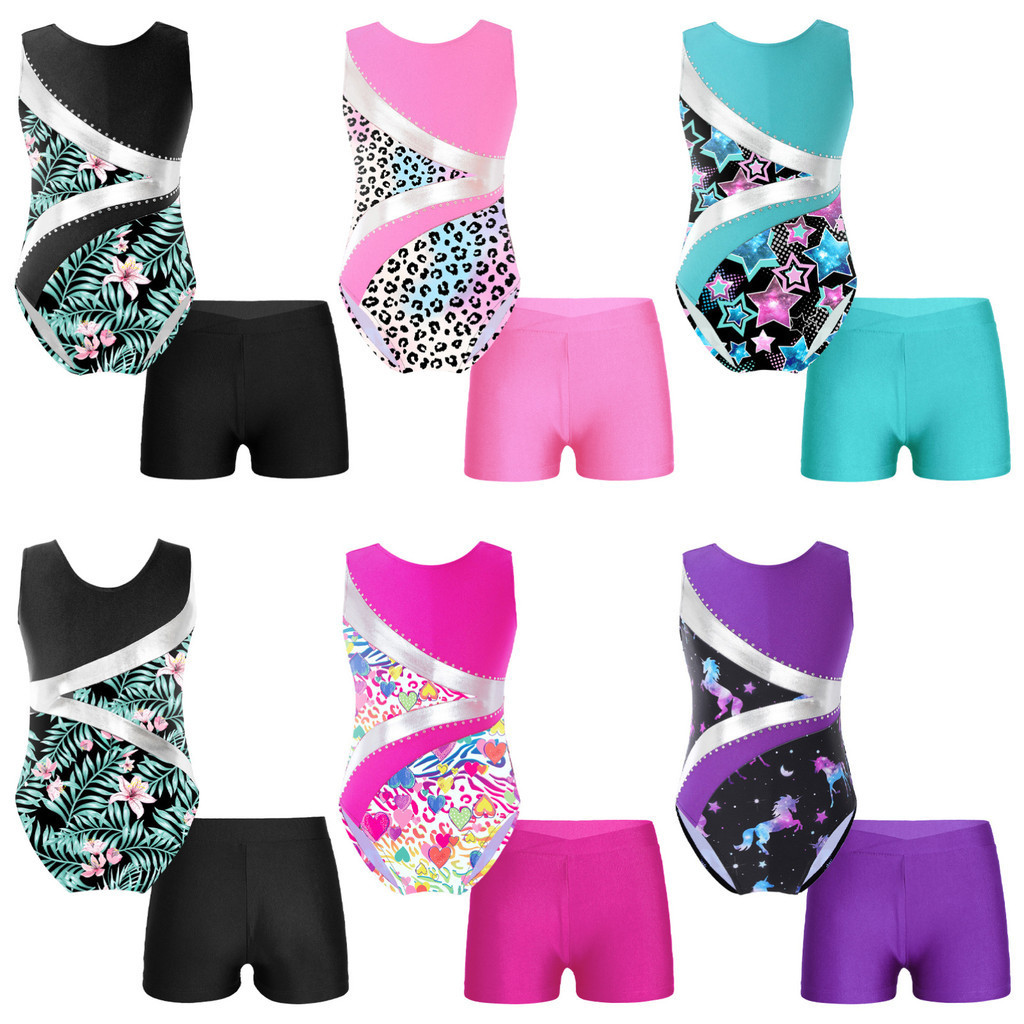 Yeahdor เด็กผู้หญิงแขนกุดพิมพ์ Rhinestones เงา Leotard พร้อมกางเกงขาสั้นคาดเอวด้านหน้า V สําหรับเต้นรําการแข่งขัน