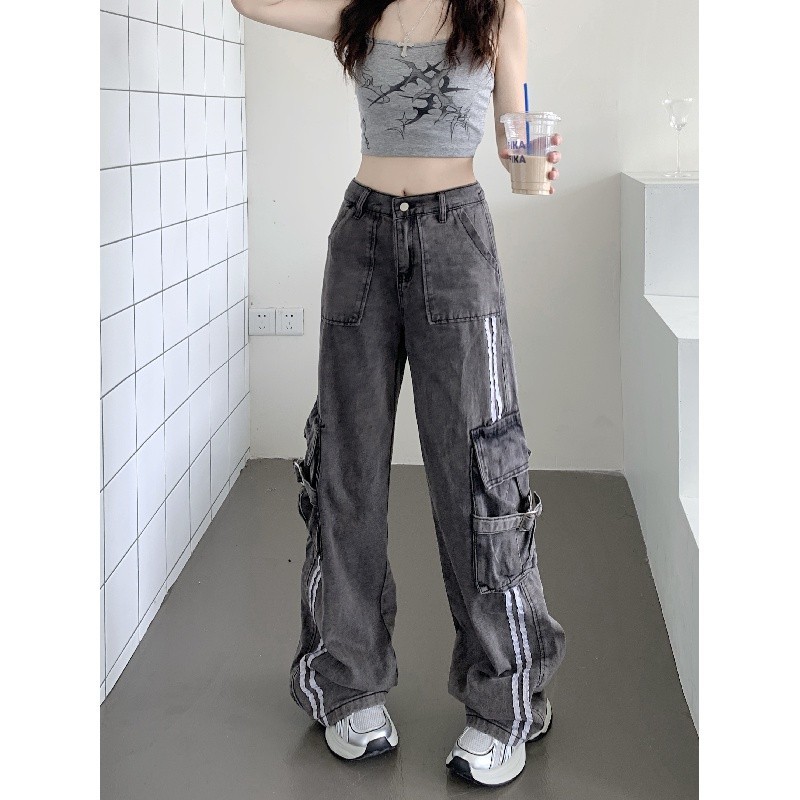 ออกแบบด้านข้างลายกางเกงยีนส์หลวมเอวสูงสาวร้อนหลายกระเป๋าหลวมกางเกงขากว้าง