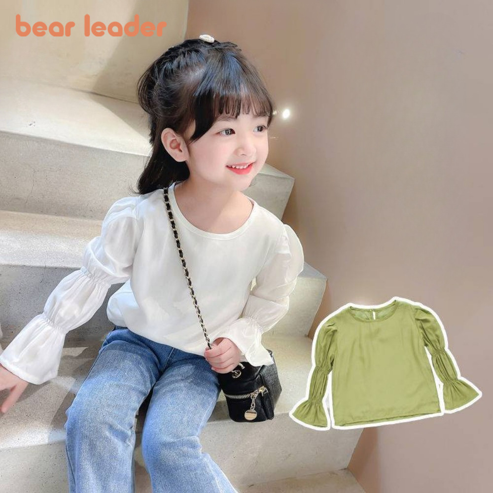 หมีผู้นําชีฟองสาวเสื้อผ้ารอบคอเสื้อแขนยาวฤดูใบไม้ผลิและฤดูใบไม้ร่วงเสื้อพื้นฐานด้านบนเด็กแฟชั่นเสื้อยืดสีทึบ