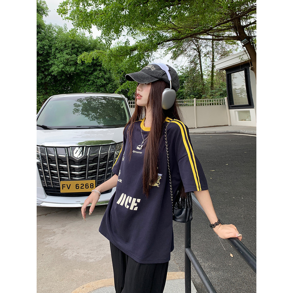 ส่งไวจากไทย SELLDA M-2XL แขนสั้น ฝ้าย เสื้อยืด ผู้หญิง ลายทาง เสื้อสาวอวบ คอกลม เสื้อ oversize เกาหลี โอเวอร์ไซส์