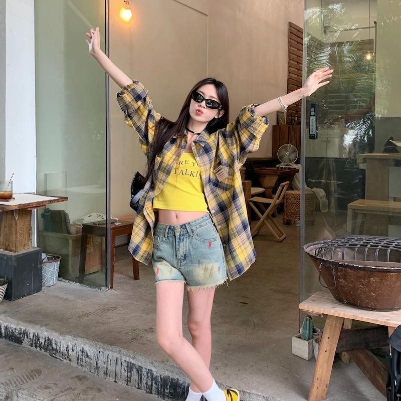 KOKO#เสื้อเชิ้ตผู้หญิงแขนยาวลายสก็อตสีเหลือง เสื้อแจ็คเก็ตเชิ้ตป้องกันแสงแดดฤดูร้อนแบบบาง#w418 ราคา ถูกที่สุด ดีลบีเคเค แกลเลอรีภาพที่ 6