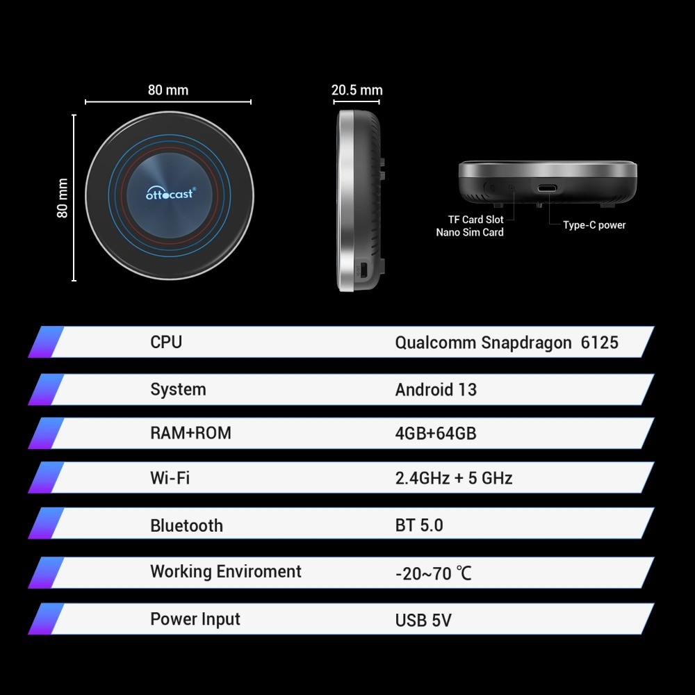 OTTOCAST OttoAiBox i3 ไร้สาย CarPlay Android Auto Snapdragon 6125 Android 13 AI กล่องสําหรับ BMW & Ohter รถไร้สาย - รูปที่ 4