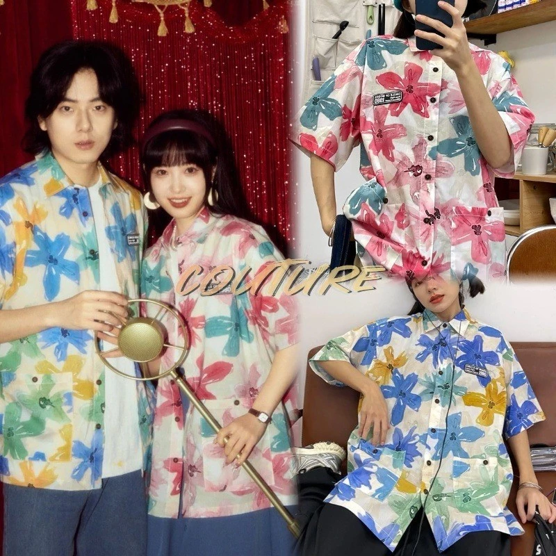 Couture เสื้อคู่รักลายดอกวินเทจ แขนสั้น ทรง Oversize - รูปที่ 1