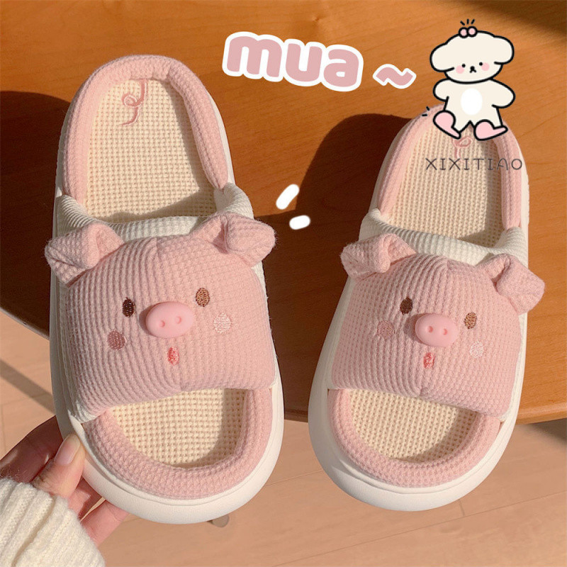 Xixitiao Four Seasons Universal Soft หนา-Soled รองเท้าแตะผ้าลินินน่ารัก Piggy Home รองเท้าแตะ