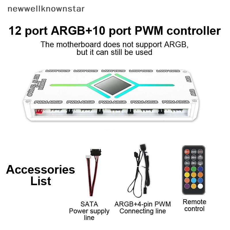 Newwellknownstar 12-port ARGB & 10-port PWM Controller พัดลมคอมพิวเตอร์ควบคุมอุณหภูมิหม้อน้ํา Hub 5V 3-pin Controller คอลเลกชันเกมแชสซี CCB