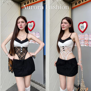 Aurora🛒พร้อมส่ง🚚 (รูปถ่ายจากงานจริง) เสื้อบอดี้สูท ดีเทลลายลูกไม้สีขาวดำ ตกแต่งด้วยโบว์