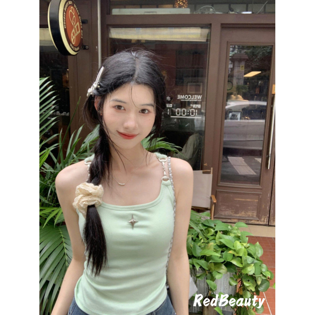 RedBeauty🌹เสื้อกล้ามสีเขียวมิ้นท์หวาน แขนกุด มีแผ่นปิดหน้าอก กระชับสัดส่วน และสามารถใส่ไปข้างนอกได้