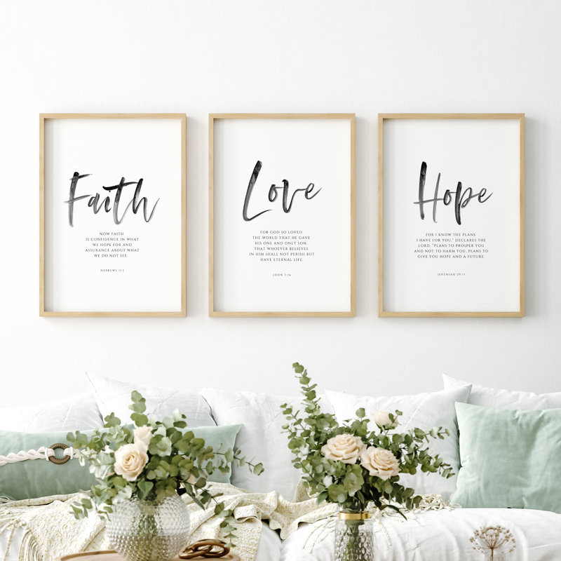 Faith Hope Love bible verse ผนังพิมพ์ได้, Hebrews 11 1, Jeremiah 29 11, John 3 16, สคริปต์สมัยใหม่ c