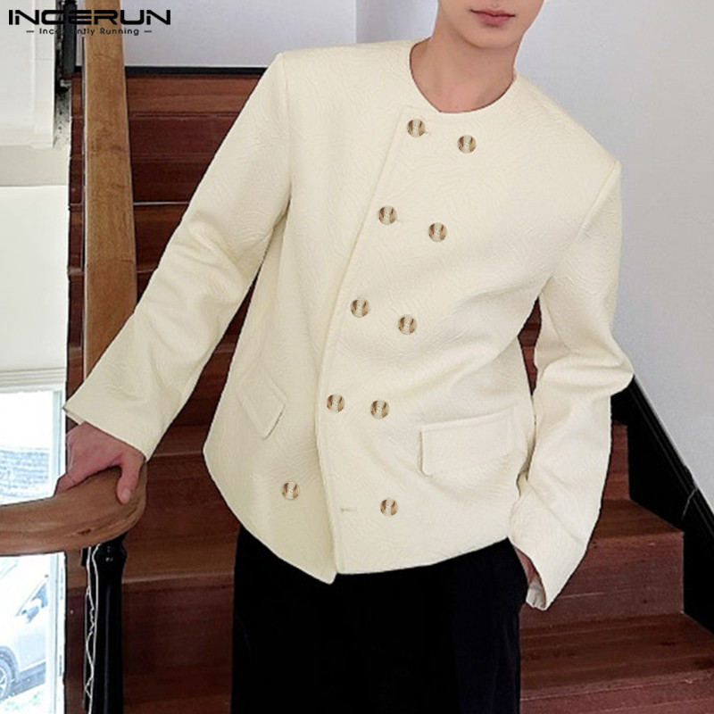 Incerun เสื้อเชิ้ตลําลองแขนยาวคอกลมขั้นสูงของเกาหลีสําหรับผู้ชาย