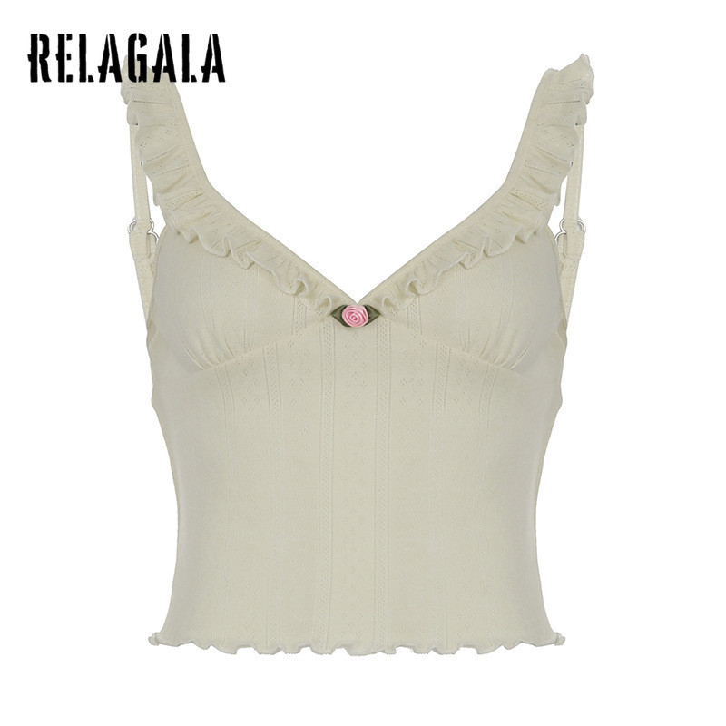 RELAGALA ผู้หญิง 2025 ใหม่หวาน Slim Fit แฟชั่นถักคอวี Casual Camisole