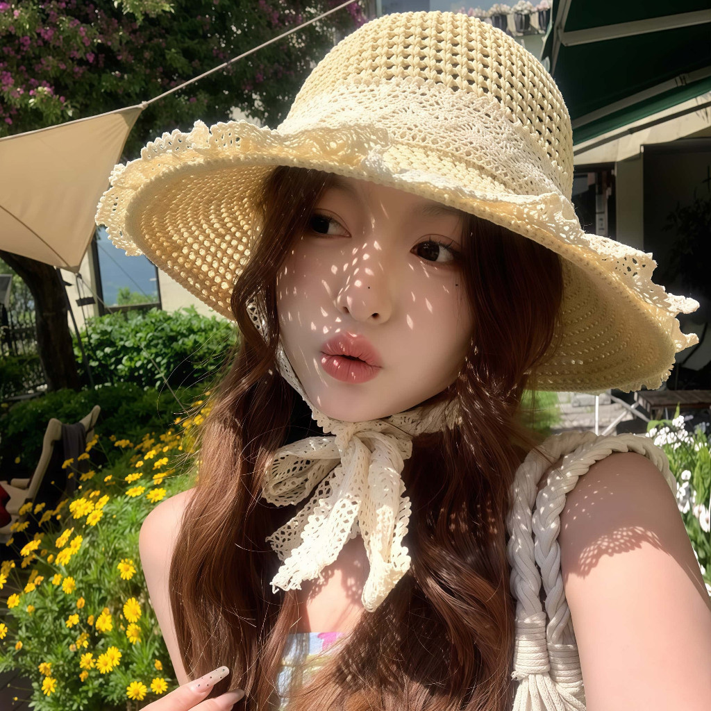 👒หมวกฟางผู้หญิง🌞หมวกสาน สไตล์ Pastoral Lace Big Brim Sun  ใส่สบาย กันuv หมวก ริบบิ้นลูกไม้ ส่งไวจากไทย
