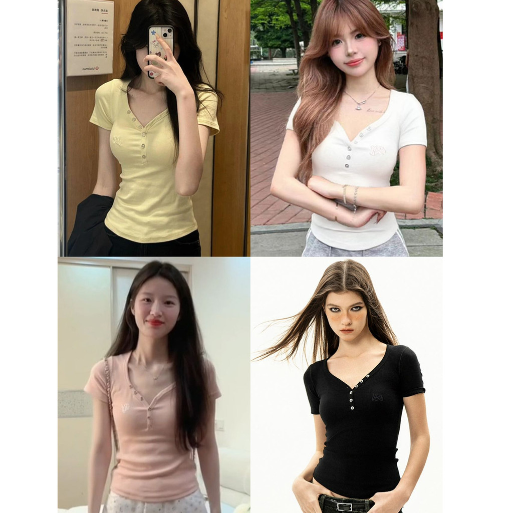 ของแท้ไหล่คอวีรั่วกระดูกไหปลาร้าแขนสั้นเสื้อยืดผู้หญิงฤดูร้อนสลิมฟิตสไตล์สั้น