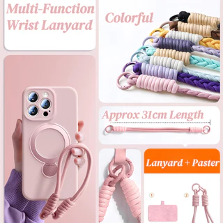 หรูหราแม่เหล็กซิลิโคน Lanyard เคสโทรศัพท์สําหรับ iPhone 16 15 14 13 Pro Max พร้อมสายรัดข้อมือ Spin Holder Stand Casing Soft Cover