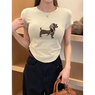 เสื้อที - เซ็ต ผู้หญิง, เสื้อแขนสั้น พิมพ์ลาย ยืดหยุ่น, เอวลอย, แฟชั่น น่ารัก เด็กสาว